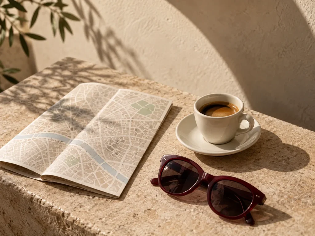 Caffè, mappa e occhiali da sole per una passeggiata in città